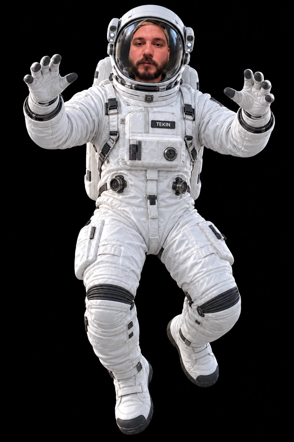 Tekin, beyaz astronot kıyafetiyle süzülüyor